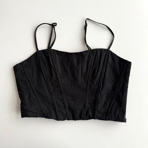 Jason Wu Cotton Eyelet Spaghetti Strap Side Zip Black Bustier Crop Top L‎ - Picture 1 of 7